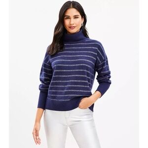 Loft Shimmer Silver Metallic Stripes Turtleneck Long Sleeve Cozy Sweater Stretch